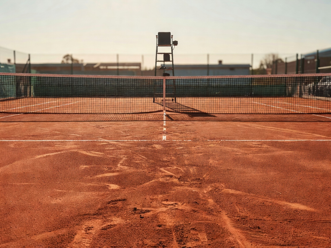 Clay tennis court view looking from baseline toward the umpire chair