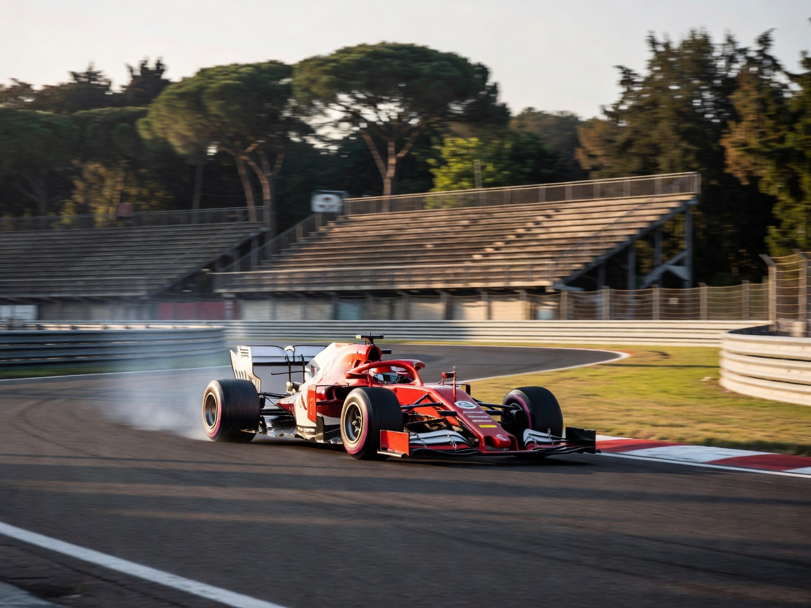 High speed race car negotiating the Curva Parabolica at Monza Autodromo