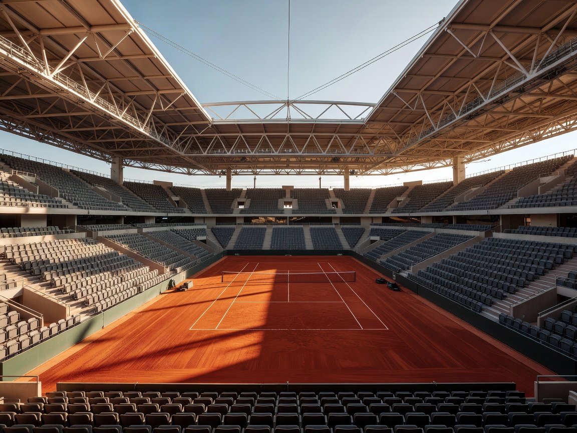 Red clay court tennis venue with stadium seating and retractable roof