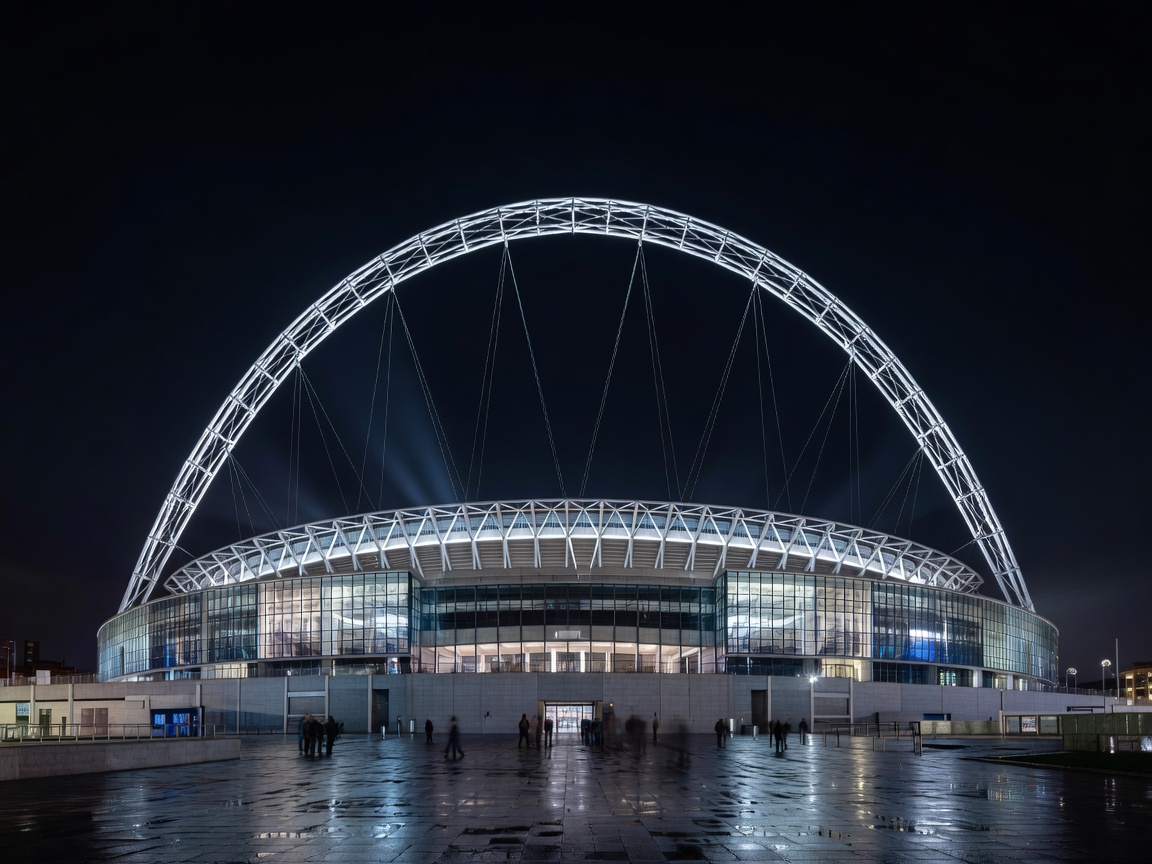 Wembley Stadium illuminated night view with distinctive steel arch